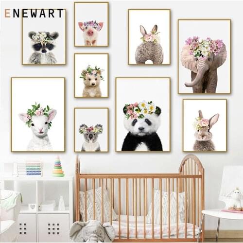 Flower Animal Canvas Poster Panda Rabbit Elephant Koala Nursery Wall Art Print Painting Wall Picture Kids Baby Bedroom Decor