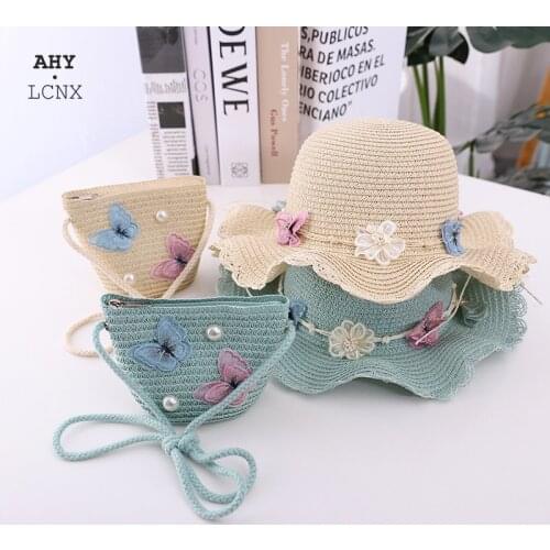 New Summer Kids Hats Fashion Breathable Straw Flower Hat With Handbag Girls Bow UV Protection Beach Cute Hat