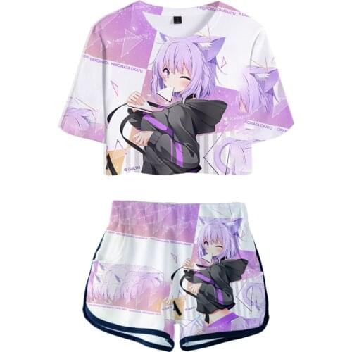 HOLOLIVE VTuber Nekomata Okayu 3D Summer unisex Sets Sexy Short Tops+shorts Elastic Waist Suit Vitality Kawaii Two Piece Sets