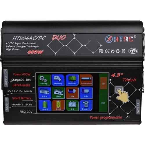 HTRC HT206 RC Balance Charger AC/DC DUO 200W*2 20A*2 Dual Port 4.3" Color LCD Touch Screen for Lilon/LiPo/LiFe/LiHV Battery