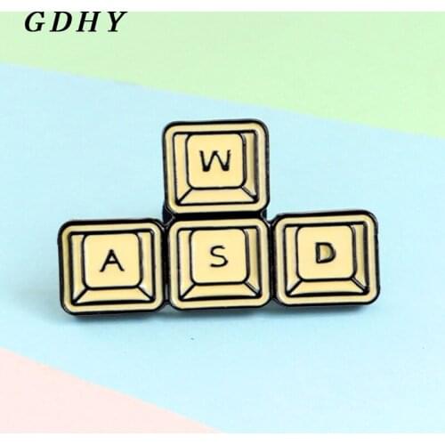 GDHY Game Keyboard WASD Brooch Letter Block Computer Game Control Keyboard Computer Enamel Pins IT Worker Button Badge Jewelry