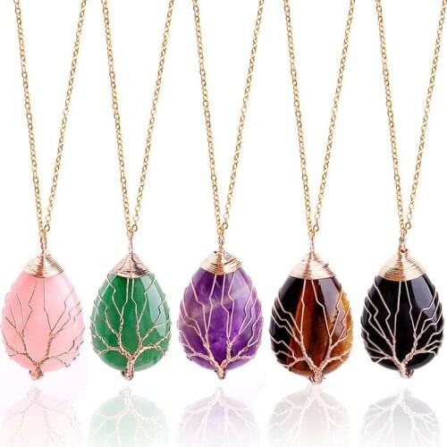 Natural Stone Pink Quartz Necklace & Pendant gold Tree of Life Wire Wrapped Water Drop Shape for Women pendulum necklace jewelry