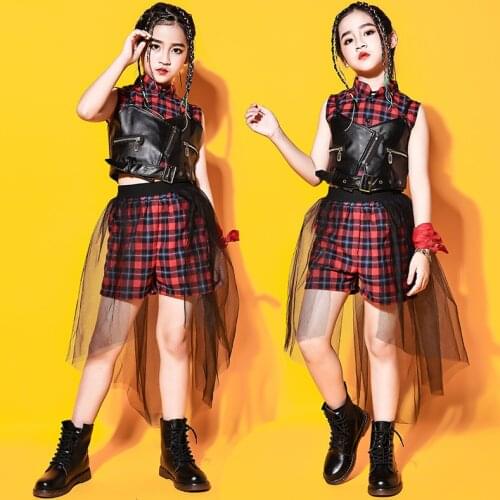New Children Jazz Costumes Girls Red Plaid Tops Skirt Hip Hop Dance Clothes Cheerlead Performance Suit Modern Stage Wear VDB3535