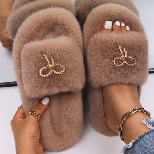 Slippers Female Metal Bow Faux Fur Slides Flat Sandals Flip Flops With Fur Fluffy Outdoor Slippers Women Platform Winter Shoes