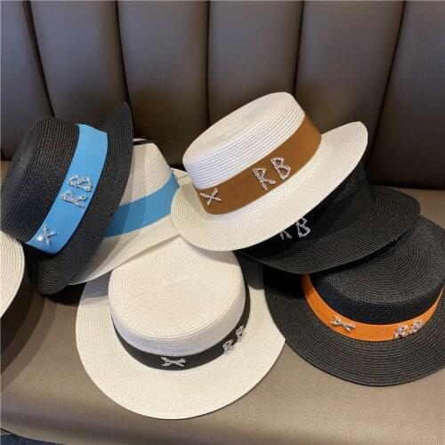 New Summer Lady Spring Hats Letter Rhinstone Wide Brim Jazz Panama Straw Sun Visor Beach Hat Women Flat Top Straw Hat Cap Fedora