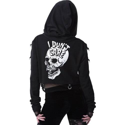 Fake Two-Piece Long Sleeve Mesh Skull Printing Hooded Sweatshirt kpop japanese black gothic womens hoodies pullover 2020