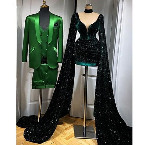 Very Long Sleeves High Grand Formal Dresses Sexy Prom Gowns Bling Bling Emerald Green Sequined Short Party Dresses 2021