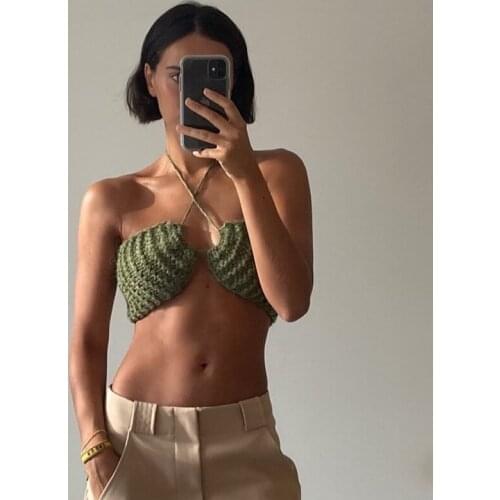 Yimunancy Halter Cropped Top Knitted Camisole Top 2021 Summer Ladies Sexy Backless Top Blusas