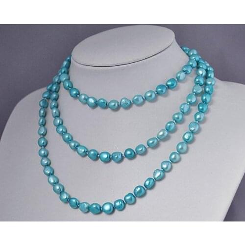 Luck Pearl Jewellery,48inches Long Single Strand 5-8mm Sky Blue Genuine Freshwater Pearl Necklace,Fashion Women Chirstmas Gift