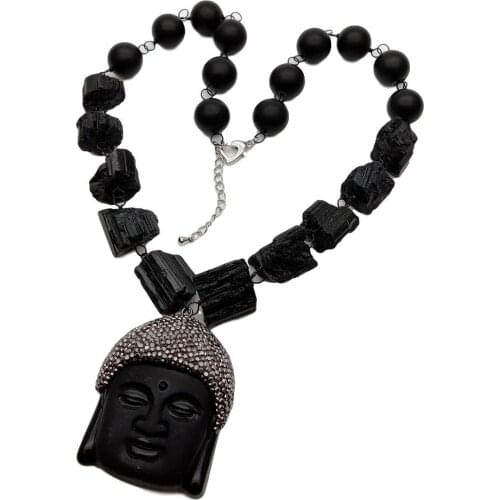 YYGEM 21'' Natural round onyx Black Tourmaline Rough Matte Onyx Buddha Pendant Necklace for women