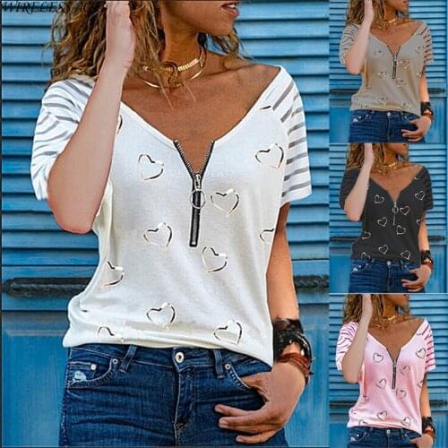 WIRELESS AGE T Shirt Women Short Sleeve V Neck Heart Printed Zipper Plus Size Loose Commute Womens Tops New Summer Fashion Wild