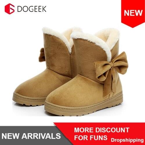 DOGEEK Women Snow Boots Winter Fur Ankle Boot Female Bowtie Warmer Plush Suede Rubber Flat Slip On Fashion Platform Ladies Shoes