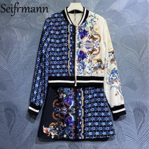 Seifrmann New 2021 Summer Women Fashion Designer Skirts Set Lantern Sleeve Vintage Coat + High Waist Print A-Line Skirts Suits