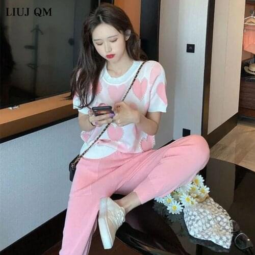 2021Summer Womens Tracksuit Set Jogger Casual Love Knit Short Sleeve Sweaters Ladies+Harlan Pants Sportswear Two Piece Set Women