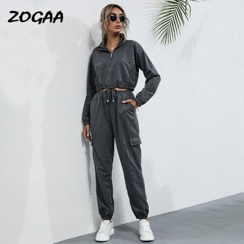 ZOGAA Sets Women Hot Sale Fashion Autumn Winter New Casual Long-sleeved Solid Color Stand-up Collar Short Sports Suit Girls Chic