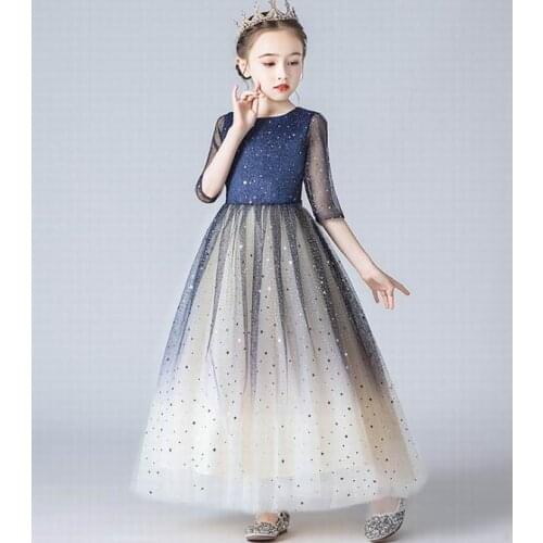 Starry Sky Flower Girl Dress Ball Gown Sequins Star Performance Evening Dress Kids Clothes 4-13Y E9888