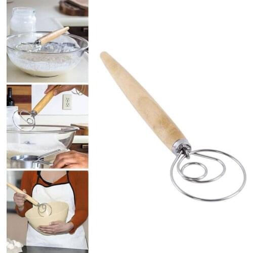 13 Inch Oak Handle Flour Coil Mixer Metal Egg Beater Flour Stick Kitchen Baking Tool Small And Durable