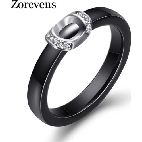 Modyle White/Black Ceramic Ring With Cubic Zirconia Stone Women Jewelry Engagement Wedding Band Gifts For Women