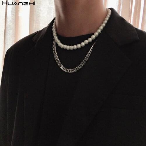 HUANZHI 2020 Hip Hop Silver Color Double Layer Splicing Pearl Titanium Steel Clavicle Chain Metal Necklace for Women Men Jewelry