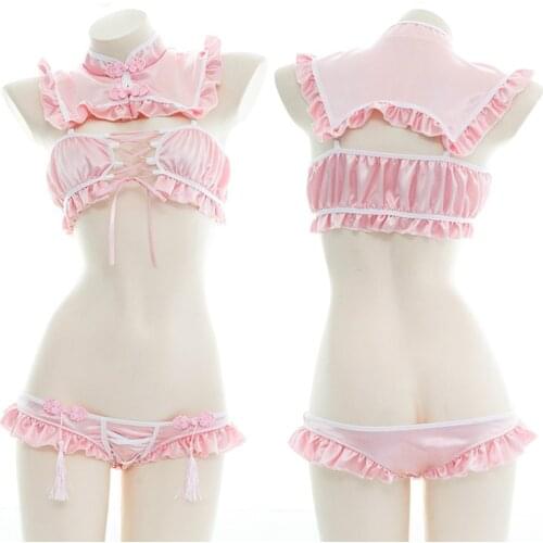 Girl Tassel Cheongsam Open Chest Straps Ruffled Underwear Sexy Maid Suit Retro Pink Buckle Three-point Bikini Uniform Soft