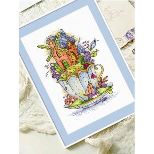European abstract childrens cartoon drawing of a house on a teacup cross stitch full stitch mixed embroidery gift for kids