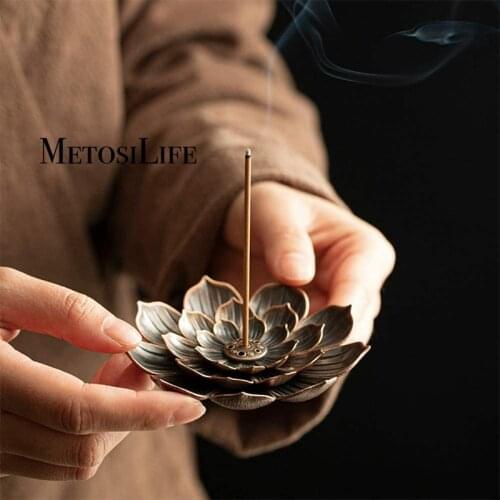Zinc Alloy Incense Burner - Lotus Stick Incense Holder 5 Incense Holes with Detachable Ash Catcher