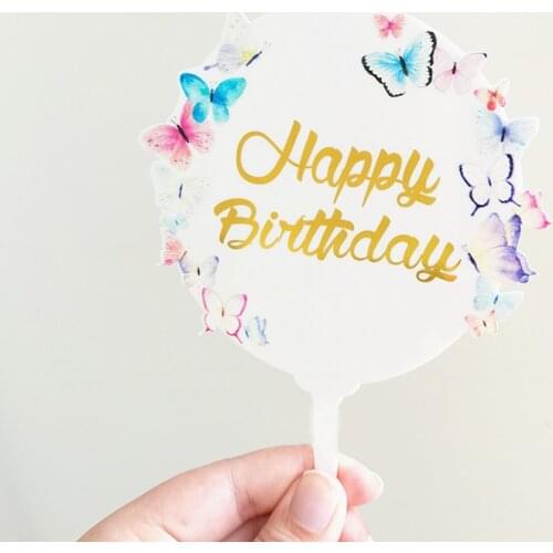 Ins Bronzing Happy Birthday Cake Topper Butterfly acrylic birthday party Cupcake Topper For Baby Shower Cake Dessert Decoration