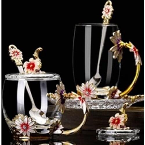 Red Blue Rose Enamel Crystal Tea Cup Coffee Mug Butterfly Rose Painted Flower Water Cups Clear Glass with Spoon Set Perfect Gift