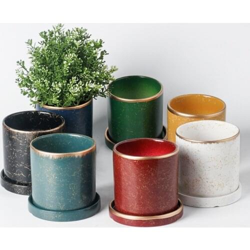 Home Garden Nordic Ins Ceramic Round Pot Simple Literary With Tray Light Luxury Green Bonsai Pot Green Plant Flower Pot