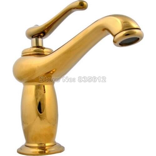 Gold Color Brass Modern Bathroom Deck Mounted Basin Sink Faucet Single Handle Vessel Sink Mixer tap Wgf043e