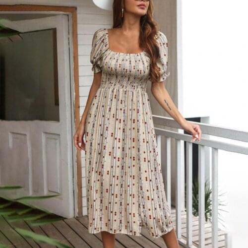 Summer Women Puff Sleeve Long Dress Sexy Backless Slit Beach Party Dresses Casual Print Holiday Ladies Clothing Red Fashion 2021