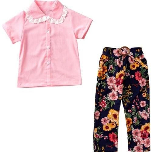 Summer Kids Girls Set Suits Pink Shirt + Floral Print Pants 2pcs