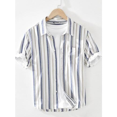 Mens Cotton Linen Shirts Short Sleeve Striped Business Dress Shirt Men Fashion Casual Shirts Male Camisa Streetwears TS-740