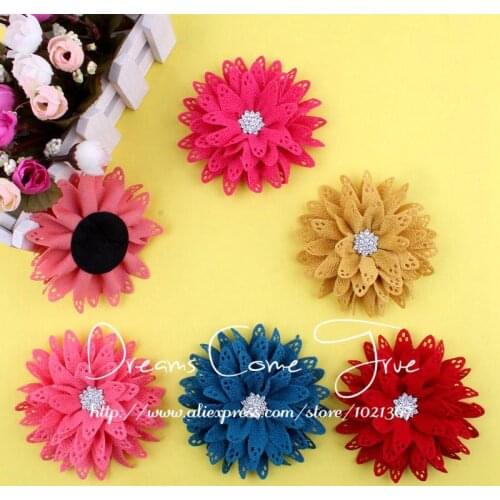 200pcs/lot 3.5" 6Colors Excellent Quality Artificial Fabric Hair Flowers + Alloy Rhinestone Snow Button For Baby Girl Headband