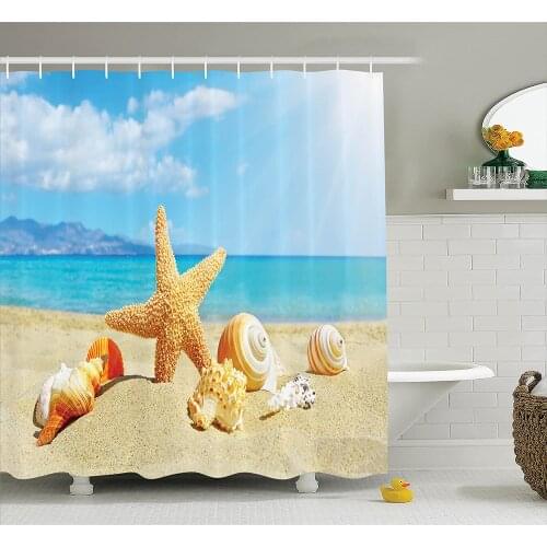 Seashells Shower Curtain Summer Beach Theme and Sand with Starfish Seashells Rays in The Sky Clouds Seaside Marine Bath Curtains