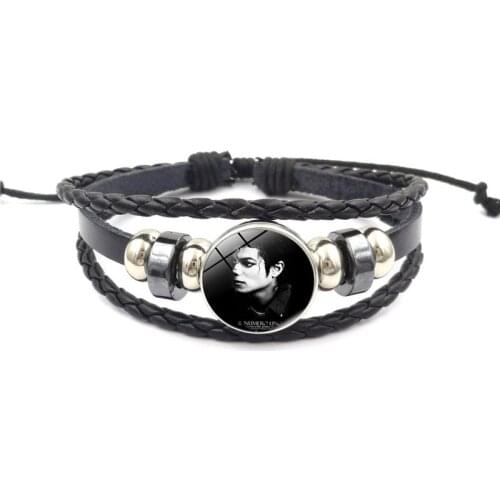 Retro Punk Jewelry Michael Jackson Glass Buckle Multilayer Charm Bracelet Handmade DIY Black Leather Bracelet Men Women