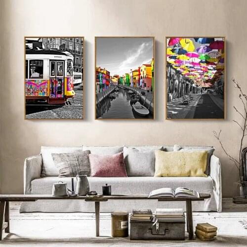 Retro Scenery Home Decor Nordic Canvas Painting Wall Art Print Colorful Umbrella Poster Living Room Black Whit Decor Picture