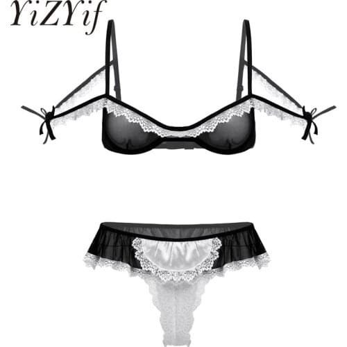Sexy French Maid Lingerie See Through Sheer Mesh Maid Cosplay Lace Trim Underwired Bra Top with Crotchless G-string Thong Women