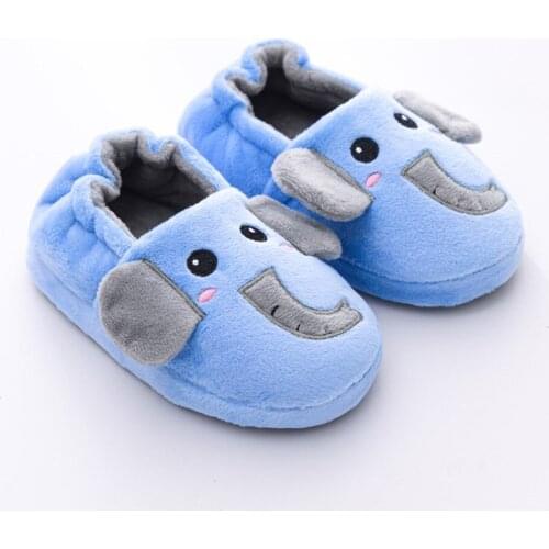 New Toddler Boy Slippers Cartoon Elephant Plush Warm Shoe Little Kids Loafers Winter House Shoes Soft Rubber Sole Home Footwear