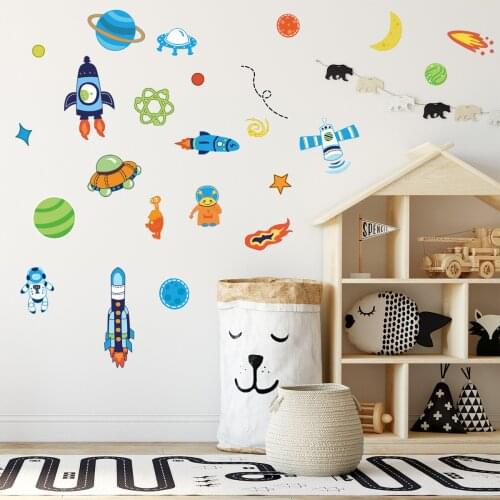 Vacclo Planet Spaceship Wall Stickers fro Baby Room Bedroom Background Wall Decorations Childrens Room Decoration Wall Decals