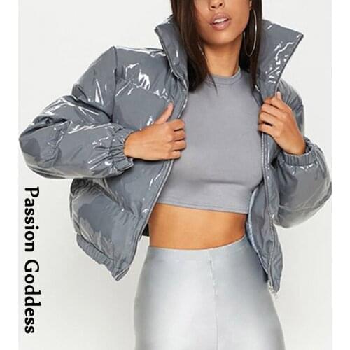 Women Shiny Gray PU Leather Down Puffer Jackets Winter Glossy Leather Bubble Coats Thick Parkas Down Zipper Puffy Jacket Parkas