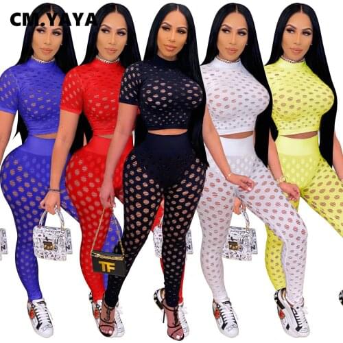 CM.YAYA Women Sets Solid Hole Short Sleeve Turtleneck Crop Tops Full Sheath Elastic Pencil Pants 2 Piece Set Lady Summer Outfits