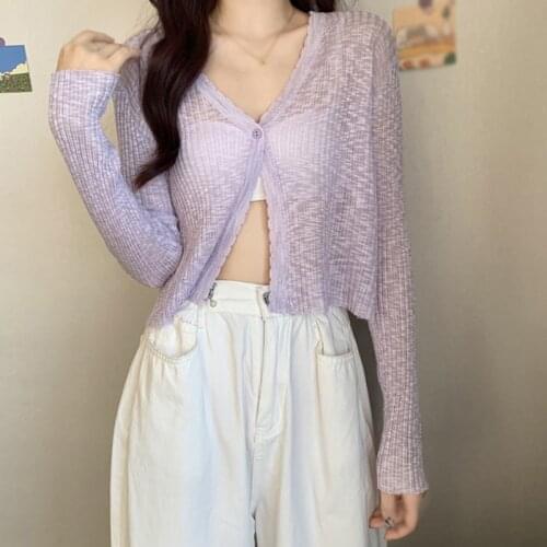 Women Solid Knitting Silk Cardigan Ultra-thin Ice Summer Autumn Waves Taps