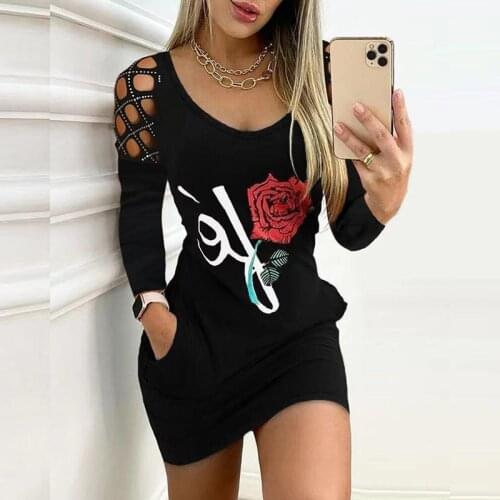 Women Sexy Criss Cross Hollow Out Long Sleeve Dress Rose Flower Print Autumn Pullover Dress Spring O Neck Slim Office Mini Dress