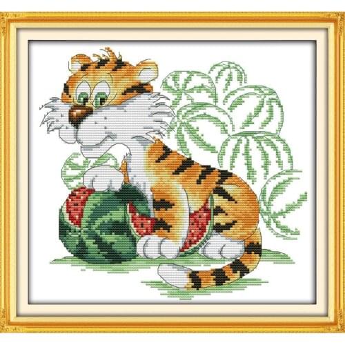 Animals DMC cross stitch kits 14ct white 11ct printed embroidery DIY handmade needle work wall home decor Cat and watermelon