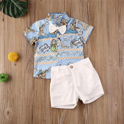 2020 Summer Toddler Baby Boys Clothes Sets Cartoon Animal Floral Print Bow Shirts Tops+Shorts Gentleman Outfits 1-6Y