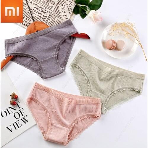 3Pcs Xiaomi Cotton Striped Lace Panties Women Underpants Womens Solid Color Antibacterial Underwear Breathable Triangle Shorts