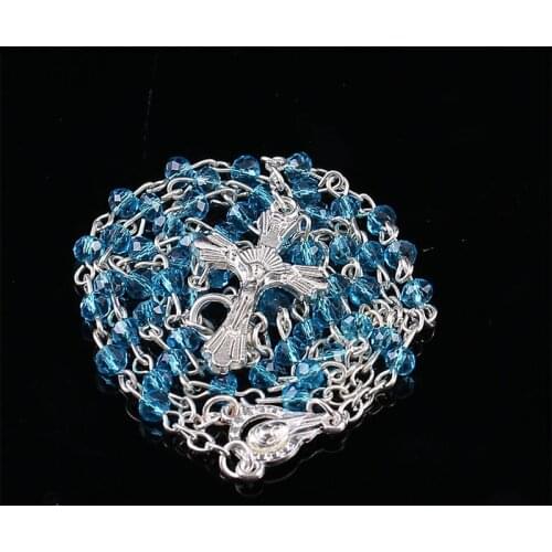 4mm Crystal Rosary Stainless Steel Long Chain, Crystal Maria Rosary Stainless Steel Rosary Jesus Cross Necklace