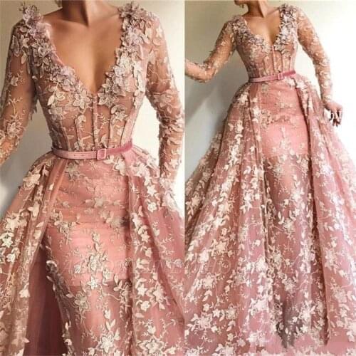 Arabic V Neck Prom Dresses with Detachable Train 2020 Lace Appliques Vintage Overskirt Evening Gowns Formal Party Dress