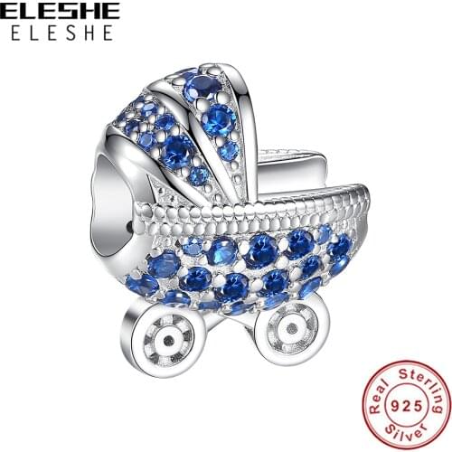 ELESHE Real 925 Sterling Silver Baby Stroller Bead for Women Girls Kids fit Original Charm Bracelets DIY Jewelry Accessories